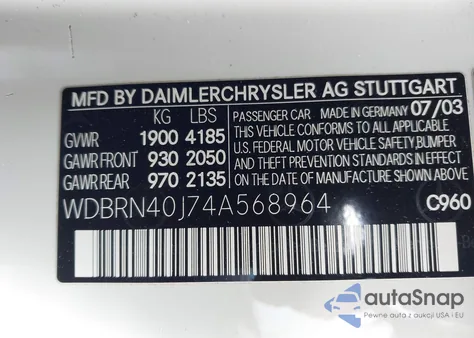 2004 Mercedes-Benz C 230 Kompressor Sport from USA, damaged, VIN WDBRN40J74A568964